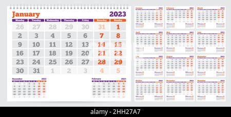 Kalender 2023. Die Woche beginnt am Montag. Set mit 12 Monaten. Vektorgrafik Stock Vektor