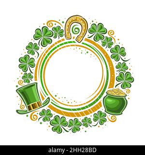 Vektorrahmen für St. Patrick's Day mit Platz für Text, Vorlage mit Illustration von Kleeblättern und runden Zierlinien, festlich floral c Stock Vektor