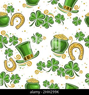 Vektor Patrick's Day Nahtloses Muster, quadratischer sich wiederholender Hintergrund mit Illustrationen von dekorativen Kleeblättern und Cartoon-st. patricks-Symbolen Stock Vektor