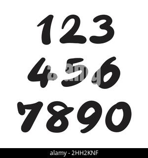 Zahlen 0-9 mit einem Pinsel auf weißem Hintergrund geschrieben. Leicht editierbare Vektorgrafik mit Ebenen. Stock Vektor