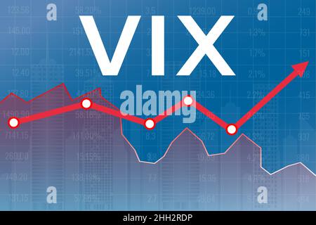 Erhöhte Volatilität (VIX-Index) an den Finanzmärkten, die Wahrscheinlichkeit einer Krise. Text Volatilität auf blauem Finanzhintergrund aus Zeilen, Pfeil, Stadt Stock Vektor