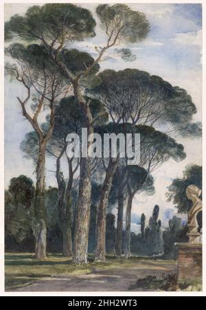 Umbrella Pines in der Villa Borghese, Rom 1839 William James Müller war ein Leiter der Bristol School, bekannt für seine freie, ausdrucksstarke Arbeit, die auf John Sell Cotman reagierte. Nach einer ausgedehnten Tournee nach Griechenland und Ägypten in den Jahren 1838 und 1839 kehrte der Künstler über Italien nach Großbritannien zurück. Dieses frische Aquarell reagiert auf die Gärten der Villa Borghese oder der Villa Chigi in Rom und die charakteristische Faszination des Künstlers für verschiedene Baumarten steht im Mittelpunkt des Bildes. Markante trockene Pinselarbeit beschreibt das Laub der römischen Kiefern (eine Gattung, die tatsächlich aus Einem Importiert Stockfoto