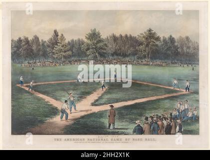 Das American National Game of Base Ball: Grand Match for the Championship at the Elysian Fields, Hoboken, N. J. 1866 Currier & Ives Diese große Lithographie von Currier & Ives, die kurz nach dem amerikanischen Bürgerkrieg veröffentlicht wurde, zählt zu den berühmtesten Bildern eines Baseballspiels im Verlauf des 19. Jahrhunderts -- Das Meisterschaftsspiel 1865 zwischen dem Mutual Club of Manhattan und dem Atlantic Club of Brooklyn. Dieses Spiel wurde vor einer riesigen Menschenmenge (einige berichteten über fast 20.000 Zuschauer) auf den Elysian Fields in Hoboken, New Jersey, dem Ort des ersten aufgezeichneten, organisierten Baseballspiels auf Ju, gespielt Stockfoto