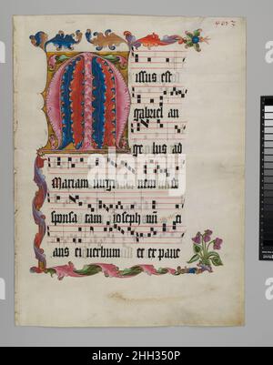 Manuskriptblatt mit der Initiale M, aus einem Antiphonar ca. 1425–50 Deutsch. Manuskriptblatt mit der Initiale M, aus einem Antiphonar. Deutsch. Ca. 1425–50. Tempera, Tinte und Metallblatt auf Pergament. Hergestellt in Mainz, Deutschland. Manuskripte und Illuminationen Stockfoto