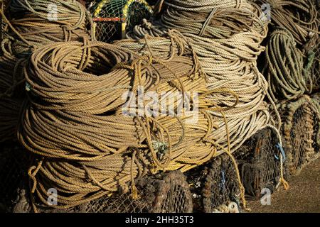 Für die Verlegung von Krabbenköpfen und anderen Fanggeräten sind riesige Spannweiten von synthetischen Seilleinen erforderlich. Kunststoffe und Nylone sind die größten Meeresverschmutzer Stockfoto