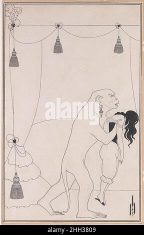 Die Morde in der Rue Morgue, für Edgar Allan Poes „Tales of Mystery and the Imagination“, Chicago, 1895-96 1894 Aubrey Vincent Beardsley Beardsley reagiert hier auf Poes „Morde in der Rue Morgue“ und stellt die Nachwirkungen einer gewalttätigen Szene dar, die von einem Matrosen beschrieben wird, der ein gigantisches „Ourang-Outang“ besitzt. Der Text erzählt, wie das "grausige Tier" Madame L'Espanaye tötet, dann ihre Tochter erwürgt und versucht, sein Verbrechen zu verbergen, indem es "ihren Körper in den Kamin hinaufschiebt". Beardsleys Kreatur (wegen ihres Schwanzes kein Orang-Utan) hat mit spitzen Nägeln und einem Kronleuchter-Ohrring. Ca Stockfoto