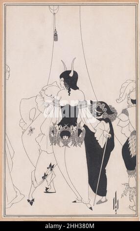 The Masque of the Red Death, for Edgar Allan Poe’s „Tales of Mystery and the Imagination“, Chicago, 1895-96 1894 Aubrey Vincent Beardsley Beardsley Hier handelt es sich um eine Geschichte von Poe, die einen Prinzen und seine Höflinge beschreibt, die sich in einer Abtei vor der Pest geflüchtet haben. Monate der Feiernden kulminieren in einer maskierten Kugel, die um Mitternacht durch das Erscheinen einer maskierten Figur gekennzeichnet wird, die groß und vermessen ist und von Kopf und Fuß in den Habilimenten des Grabes gehüllt ist. Das Bild folgt Poes Text sehr genau, aber es schneidet die Form innovativ aus, um das Eintreffen einer finsteren Kraft anzudeuten, wobei die Figur wie ein Gh gegossen wird Stockfoto