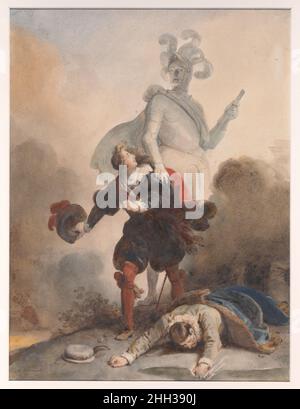 Don Juan und die Commander's Statue (Letzte Szene von Mozarts Don Giovanni) um 1825–30 Alexandre Evariste Fragonard Alexandre Évariste Fragonard war der Sohn des verstorbenen Rokoko-Malers Jean Honoré Fragonard. Er trainierte im Atelier von Jacques Louis David, aber seine frühe neoklassische Art ging schließlich einer romantischeren Sensibilität nach. Hier zeigt er die letzte dramatische Szene aus Mozarts Oper „Don Giovanni“, in der das Glück des Libertins Don Juan endlich ausgelaufen ist. Nachdem er in einem Duell den Vater einer jungen Frau getötet hatte, die er verführt hatte, trifft er auf seine Statue an einem Grab. Die Statue Stockfoto