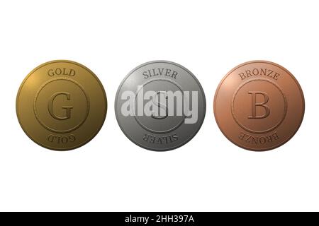 Gold-, Silber- und Bronzemedaillen isoliert auf Weiß. Runde Gold-, Silber- und Bronzemedaillen mit Text auf weißem Hintergrund. Stockfoto