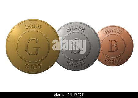 Gold-, Silber- und Bronzemedaillen isoliert auf Weiß. Runde Gold-, Silber- und Bronzemedaillen mit Text auf weißem Hintergrund. Stockfoto