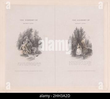 Zwei Illustrationen zu 'The Economy of Human Life' 1834 Frank Howard gedruckt von einer Platte, diese beiden Bilder stammen aus einem Satz von zwölf. Sie wurden für ein illustriertes Buch angefertigt, das 1834 von John van Voorst in London veröffentlicht wurde. Jede Grafik konzentriert sich auf eine Vignettendarstellung, mit dem Titel des Buches oben, Zitaten und Veröffentlichungsdetails unten. Die Abzüge sind unter den Abbildungen nummeriert, S. 77 und S. 146.S. 77 zeigt Adam und Eva im Garten Eden, umgeben von Tieren. Verwandter Text: 'Überlegenheit und Befehl wurden dir über alles gegeben, und von seinem eigenen Atem hat er dir dein Prinzip des Wissens mitgeteilt Stockfoto