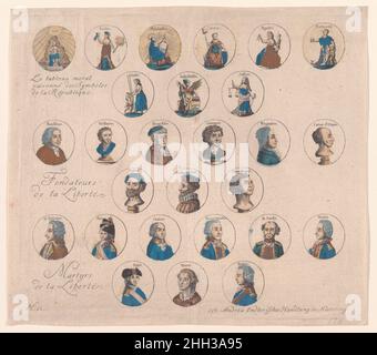 Die mit Gründen versehene moralische Symbolkarte der Republik, die Gründer der Freiheit und die Märtyrer der Freiheit Ca. 1794 Johann Andreas Endterische Behandlung in Verbindung mit einem 1793 erschienenen Kinderbuch über die Französische Revolution werden in dieser Breitseite die historischen und zeitgenössischen ideale und Helden der neuen Französischen Republik geschildert. Zu den Allegorien republikanischer Werte gehören Freiheit, Gleichheit und Brüderlichkeit – die das grundlegende Motto evozieren – sowie die radikaleren jakobinischen Ideologien von Einheit und Unteilbarkeit. Die Anwesenheit von George Washington und Benjamin Franklin unter den „Gründern der Freiheit“ Stockfoto