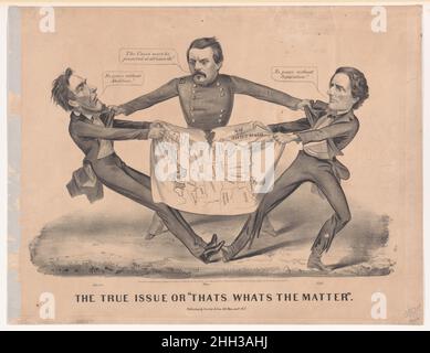 The True Issue oder 'Thats Whats The Matter' 1864 Currier & Ives während des Bürgerkrieges veröffentlichten Currier & Ives beißende politische Satiren. Hier kämpfen Abraham Lincoln und Jefferson Davis, die Präsidenten der Vereinigten Staaten und der Konföderation, um eine Karte der östlichen Vereinigten Staaten zu kontrollieren, die sich von Ost nach West zu reißen begonnen hat. General George McClellan, Lincolns Gegner im Präsidentschaftswahlkampf 1864, steht zwischen den Anwärtern und erklärt, dass die Union um jeden Preis erhalten werden muss. Lincoln kontert: 'Kein Frieden ohne Abschaffung!!' Während Davis darauf besteht: „kein Frieden ohne Separati Stockfoto