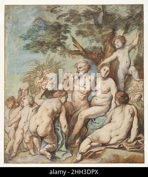 Allegorie der Fruchtbarkeit (Recto) ca. 1640 Jacob Jordaens Flämisch. Allegorie der Fruchtbarkeit (Recto). Jacob Jordaens (Flämisch, Antwerpen 1593–1678 Antwerpen). Ca. 1640. Stift und Pinsel und braune Tinte, Aquarell, über Spuren der vorläufigen Zeichnung in schwarzer Kreide. Verso in schwarzer Kreide.. Zeichnungen Stockfoto