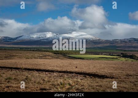 Moor am Rande des Wild Nephin National Park in Irland. Schnee auf den Bergspitzen der Wild Nephin Mountains. Stockfoto