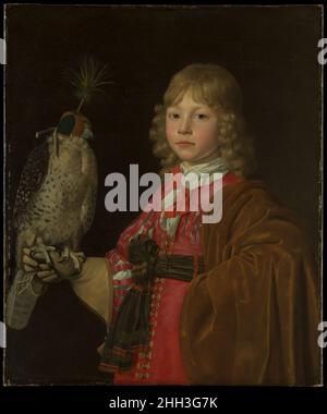 Porträt eines Jungen mit einer Falke Wallerant Vaillant Flämisch Vaillant, gebürtig aus Lille, studierte in Antwerpen und war Mitte 1650s als Porträtist in Amsterdam etabliert. Der Künstler ist auch als Pionier der Mezzotinta-Gravur bekannt. In holländischen und flämischen Porträts bezeichnen Falken die Jagd in der Regel als aristokratischen Sport. Porträt eines Jungen mit einem Falken. Wallerant Vaillant (Flämisch, Lille 1623–1677 Amsterdam). Öl auf Leinwand. Gemälde Stockfoto