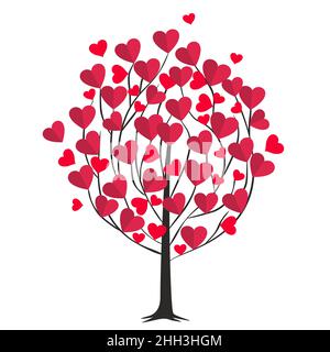 Liebesbaum, schwarze Pappel mit Herzen, Herzblätter - Happy Valentine's Day Karte, flacher Vektor, Illustration. Stock Vektor