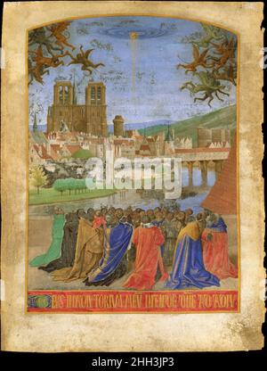 Die rechte Hand Gottes, die die Gläubigen vor den Dämonen schützt, ca. 1452–1460 Jean Fouquet Französisch die "Stunden von Étienne Chevalier" ist eine der berühmtesten und üppig illuminierten Handschriften des 15. Jahrhunderts. Sie wurde für den Schatzmeister Frankreichs von Jean Fouquet, Hofkünstler der Könige Karl VII. Und Ludwig XI., gemalt, der nicht nur als Miniaturmaler, sondern auch als Tafelmaler arbeitete. Die Lehmann-Miniatur schmückt die Seite, die die einleitenden Worte des Abendgebets (Vesper) für die Stunden des Heiligen Geistes enthält. Es zeigt die Gläubigen stehen im Vordergrund auf einer Terrasse, Blick Stockfoto