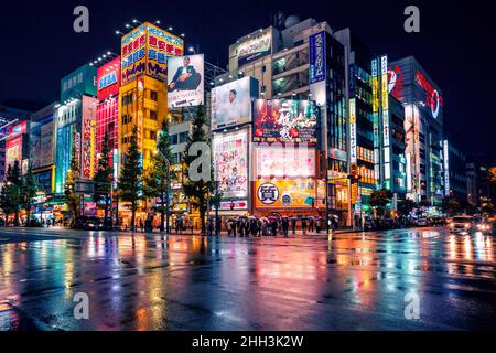 Neonröhren und Reklametafeln Werbung auf Gebäuden in Akihabara bei regnerischen Nacht, Tokio, Japan Stockfoto