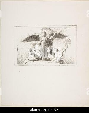 Engel hält eine Handfläche und eine Krone. 1764 Jean Honoré Fragonard Französisch Diese Radierung stammt aus einer Gruppe von sechzehn Personen, die Fragonard um 1763-64 in Paris angefertigt hatte, basierend auf schwarzen Kreidezeichnungen, die er einige Jahre zuvor in Italien für seinen Freund und Mäzen, den abbé de Saint-Non, angefertigt hatte. Diese Platte basiert auf seiner Kopie nach einem Fresko von Ludovico Carracci (italienisch, 1555-1619) in der Kathedrale von Piacenza, triumphale Engel mit Symbolen der Jungfrau Maria. Fragonards filigrane Verwendung der Ätznadel, um Textur und Licht anzudeuten, verleiht Ludovico's schwerstiger Komposition eine neue Vitalität. Angel hält einen P Stockfoto