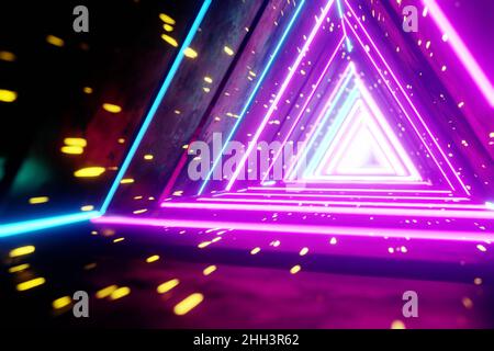 Fliegen durch endlose leuchtende Tunnel. Konstruktion mit neon leuchtenden Sechsecken. Hyperloop. 3D Rendering-Illustration. Hintergrundmuster für Design. Stockfoto