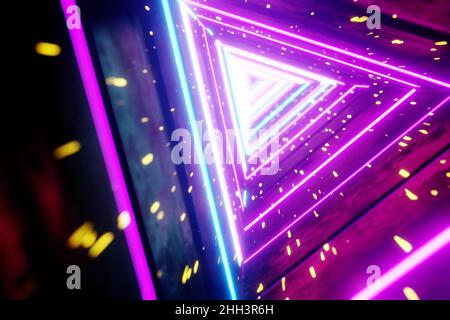 Fliegen durch endlose leuchtende Tunnel. Konstruktion mit neon leuchtenden Sechsecken. Hyperloop. 3D Rendering-Illustration. Hintergrundmuster für Design. Stockfoto