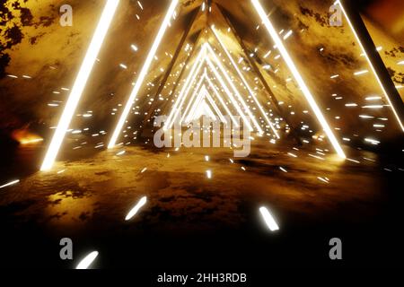 Fliegen durch endlose leuchtende Tunnel. Konstruktion mit neon leuchtenden Sechsecken. Hyperloop. 3D Rendering-Illustration. Hintergrundmuster für Design. Stockfoto