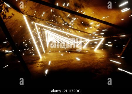 Fliegen durch endlose leuchtende Tunnel. Konstruktion mit neon leuchtenden Sechsecken. Hyperloop. 3D Rendering-Illustration. Hintergrundmuster für Design. Stockfoto