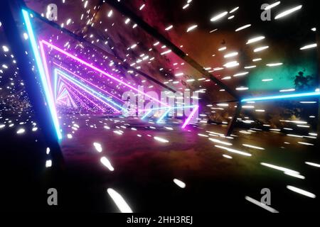 Fliegen durch endlose leuchtende Tunnel. Konstruktion mit neon leuchtenden Sechsecken. Hyperloop. 3D Rendering-Illustration. Hintergrundmuster für Design. Stockfoto