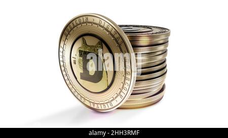 Dogecoin mit einer Gruppe von Münzen auf weißem Hintergrund isoliert. Dezentrales digitales Kryptowährungssymbol. 3D Abbildung. Stockfoto