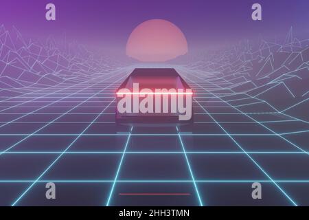 Synthwave Drahtmodell 80s retro Hintergrund.RetroWave Horizont Landschaft mit Neonlicht und Low-Poly-Gelände.3 3D Rendering Illustration. Abstraktes Creat Stockfoto