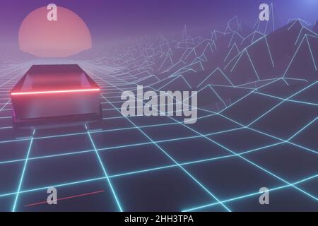 Synthwave Drahtmodell 80s retro Hintergrund.RetroWave Horizont Landschaft mit Neonlicht und Low-Poly-Gelände.3 3D Rendering Illustration. Abstraktes Creat Stockfoto