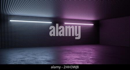 Abstrakt konrete Kellerhalle mit metallischen Wänden mit Neonbeleuchtung und Reflexionen 3D Rendering Illustration Stockfoto