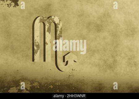 Goldenes Sternzeichen Skorpion auf goldenem Hintergrund. 3D Rendering-Illustration. Abstraktes, modernes Farbmuster für Design. Stockfoto