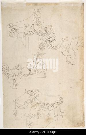 Blatt der Figurenstudien, wahrscheinlich nach der Antike (recto); Ornamental Designs (verso) 1501–56 zugeschrieben Girolamo da Carpi (Girolamo Sellari) Italienisch. Blatt der Figurenstudien, wahrscheinlich nach der Antike (recto); Ornamental Designs (verso) 338906 Stockfoto