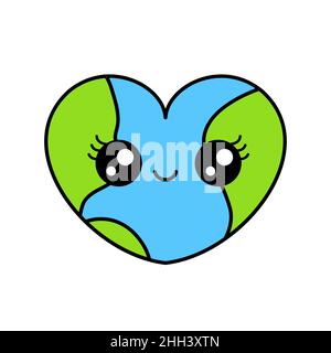 Süße Erde in Form eines lächelnden Herzens. Mutter Natur Konzept. Kawaii Planet Erde Charakter. Liebe Umwelt Idee. Rette die Welt. Vektor, flach. Stock Vektor