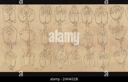 Buch der Mudras 11th.–12th. Jahrhundert Japan Diese Handrolle zeigt Handgesten, die auf Sanskrit, der indischen Sprache, in der viele frühe esoterische buddhistische Texte geschrieben wurden, als Mudras bekannt sind. In Japan werden die Gesten ins? Genannt, der japanische Begriff für ein chinesisches Wort, das die Zeichen für „Seal“ und „Form“ kombiniert. Im esoterischen Buddhismus sind Mudras physische Inszenierungen ultimer Wahrheiten, die durch buddhas und andere Gottheiten offenbart werden. Praktizierende des esoterischen Buddhismus in Japan bilden Mudras während der Meditation und Rituale und verwenden sie, um die Bedeutung gemalter und geformter buddhistischer Bilder zu interpretieren. Stockfoto