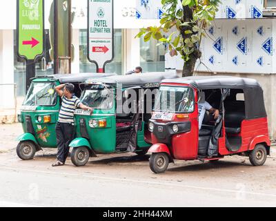 Drei Auto-Rikschas, auch Tuk-Tuk genannt, parkten in Pinnawala, Sri Lanka Stockfoto