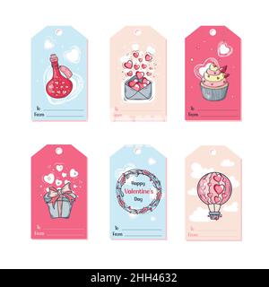 Vektor Valentinstag Karten Vorlagen. Handgeschriebene Geschenkanhänger vom Februar 14. Stock Vektor
