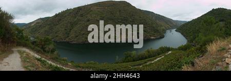 Blick auf den Canyon del Sil in Ribeira Sacra in Galicien, Spanien, Europa Stockfoto