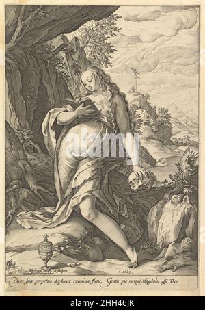 Heilige Maria Magdalena Büßer 1585 Hendrick Goltzius der elegante Stich der niederländischen Goltzius Maria Magdalena ist einer seiner frühesten Drucke, der den Einfluss von Bartholomeus Spranger widerspiegelt, dem Hofmaler Rudolf II., dessen Werk er 1583 vorgestellt wurde. Goltzius stellt mehrere Episoden aus Magdalens Leben dar, ihre Interaktionen mit Christus und die Momente, die sie nach seinem Tod zur Büßerin gemacht haben. Sie wird halb knieend in einer felsigen Landschaft gezeigt, ihre Hand auf einem Schädel und weinend, als sie aus ihrem Gebetsbuch liest. Im Vordergrund befindet sich ein kleiner, aber üppig dekorierter Glas-Hol Stockfoto