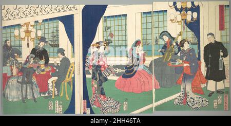 Ausländer im Zeichenraum des Hauses des ausländischen Händlers in Yokohama 9th Monat, 1861 Utagawa (Gountei) Sadahide Japanisch die unerwartete Ankunft des amerikanischen Commodore Matthew Perry (1794 – 1858) in Tokio im Jahr 1853 erstaunte das japanische Volk, das seit dem nationalen Abschweifungsgesetz von 1639 seit mehr als 200 Jahren vom Rest der Welt isoliert war. Schnell nach Perrys Besuch öffneten sich die Türen des Landes für den Westen, die feudale Regierung der Shoguns brach zusammen und die Moderne wurde eingeleitet.Ausländer, die Tokio aus den "fünf Nationen" besuchten – England, die Niederlande, F Stockfoto