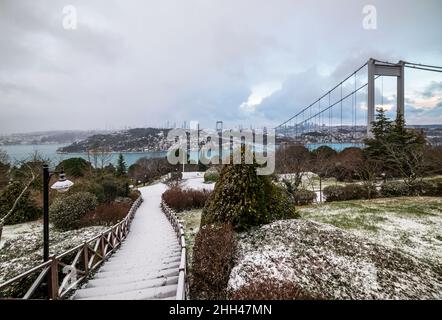 Verschneite Tage in Istanbul, Türkei. Blick auf die Fatih Sultan Mehmet Brücke von Otagtepe. Wunderschöne Winterlandschaft in Istanbul. Stockfoto