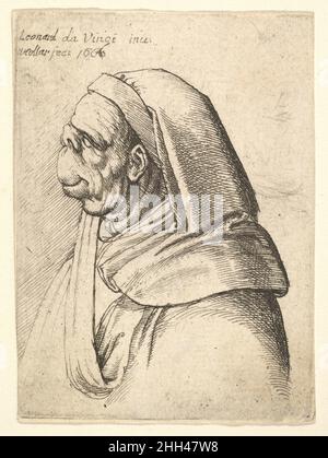 Büste eines Mannes mit kleiner aufgedrehter Nase und sehr hoher Oberlippe, mit Kapuze, im Profil links 1666 Wenzel Hollar Böhmische Büste eines Mannes im Profil links mit kleiner aufgedrehter Nase und sehr hoher Oberlippe, mit Kapuze, nach Leonardo da Vinci. Büste eines Mannes mit einer kleinen aufgedrehten Nase und sehr hoher Oberlippe, mit Kapuze, im Profil nach links. Groteske Köpfe nach Leonardo da Vinci : vier Platten (New Hollstein 1737-1740). Wenceslaus Hollar (Böhmisch, Prag 1607–1677 London). 1666. Ätzen; nur Zustand. Ausdrucke Stockfoto