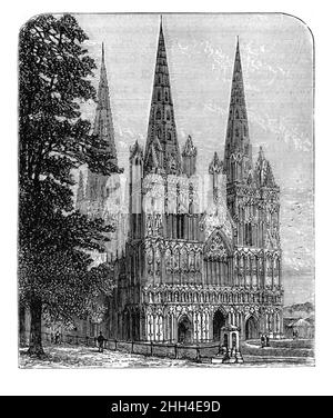 Schwarz-Weiß-Illustration; Westfront der Kathedrale von Lichfield um 1880 Stockfoto