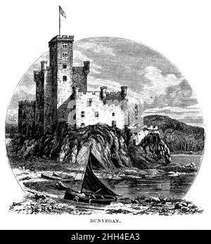 Schwarz-Weiß-Illustration; Dunvegan Castle, Isle of Skye, Schottland Stockfoto