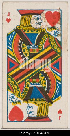 Jack of Hearts (rot), aus der Spielkarten-Serie (N84) für Zigaretten der Marke Duke 1888, herausgegeben von W. Duke, Sons & Co. American Trade Cards aus der Serie „Spielkarten“ (N84), herausgegeben in einem Satz von 53 Karten im Jahr 1888, um Zigaretten der Marke W. Duke Sons & Co. Zu bewerben. Die Versos zeigen ein passendes abstraktes Blumenmuster. Der Joker und das Pik-As zeigen eine Anzeige für Zigaretten der Marke Duke. Neben den Zigaretten des Herzogs wurde auch der gleiche Satz von Spielkarten veröffentlicht, um die türkischen Cross Cut Zigaretten zu fördern. Jack of Hearts (rot), aus der Spielkarten-Serie (N84) für Zigaretten der Marke Duke. 1888. C Stockfoto