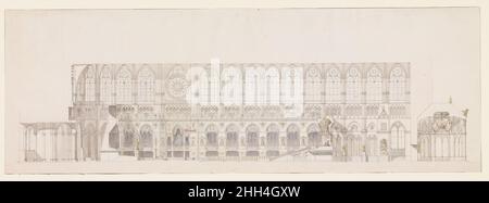 Querschnitt des Kirchenschiffs der Kathedrale von Reims, dekoriert für die Krönung von König Ludwig XVIII. 1815 Charles Percier Französisch Dieses Blatt zeigt einen Querschnitt des Innenraums der Kathedrale von Reims mit den Dekorationen für die Krönung von König Ludwig XVIII Der Entwurf stellt eine von sechs Zeichnungen dar, die die einzige Dokumentation der Pläne für diese Krönung bilden, die nie stattgefunden hat. Das Ereignis wurde wahrscheinlich verzögert und schließlich aufgrund des prekären Zustands der französischen Monarchie und der sinkenden Gesundheit des Königs entlassen. Darüber hinaus die Idee einer königlichen Krönung, verliehen von der französischen Katze Stockfoto