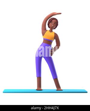 Yoga-Mädchen in stehender Position auf weißem Hintergrund, Karikatur weiblich 3D Zeichen tun Yoga, 3D Illustration Stockfoto