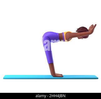 Yoga-Mädchen in stehender Position auf weißem Hintergrund, Karikatur weiblich 3D Zeichen tun Yoga, 3D Illustration Stockfoto